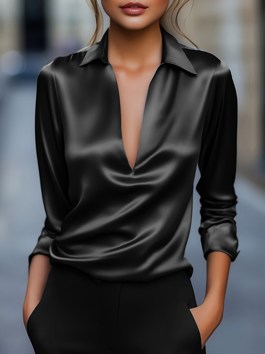 Silvery Satin V-Neck Blouse for Women, Long Sleeve Button-Front Satin Shirt, Elegant Smooth Finish