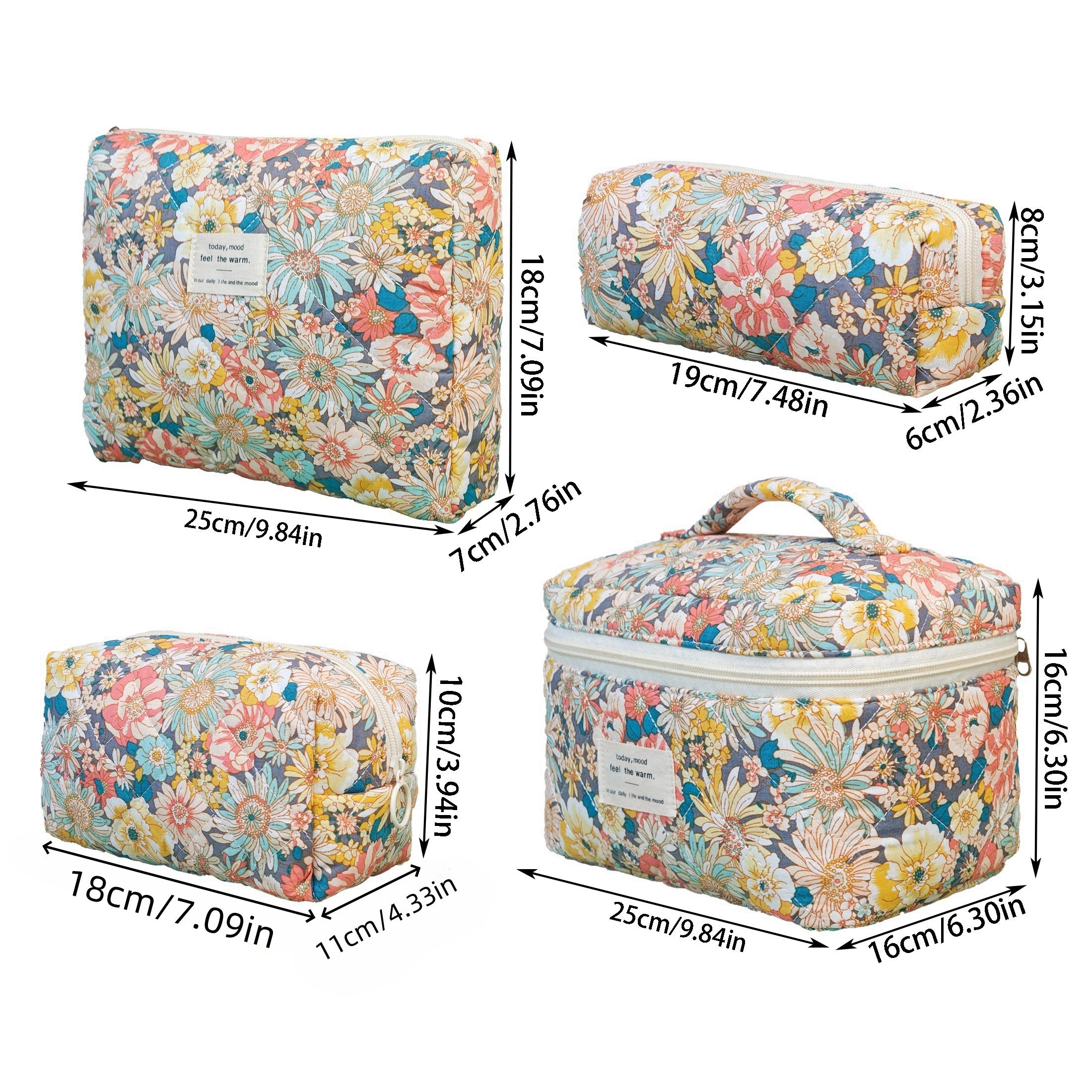 Travel Makeup Bag – Floral Large-Capacity Polyester Cosmetic Pouch with Zipper, Mixed Colors (Pink Blue Yellow Green)