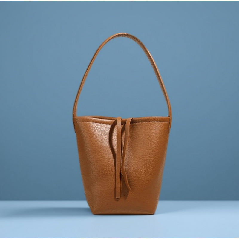 Women's Large Capacity Korean-Inspired Drawstring Bucket Tote - Minimalist Round PU Crossbody Shoulder Purse with Adjustable Strap, Black Grey Coffee Brown White Red