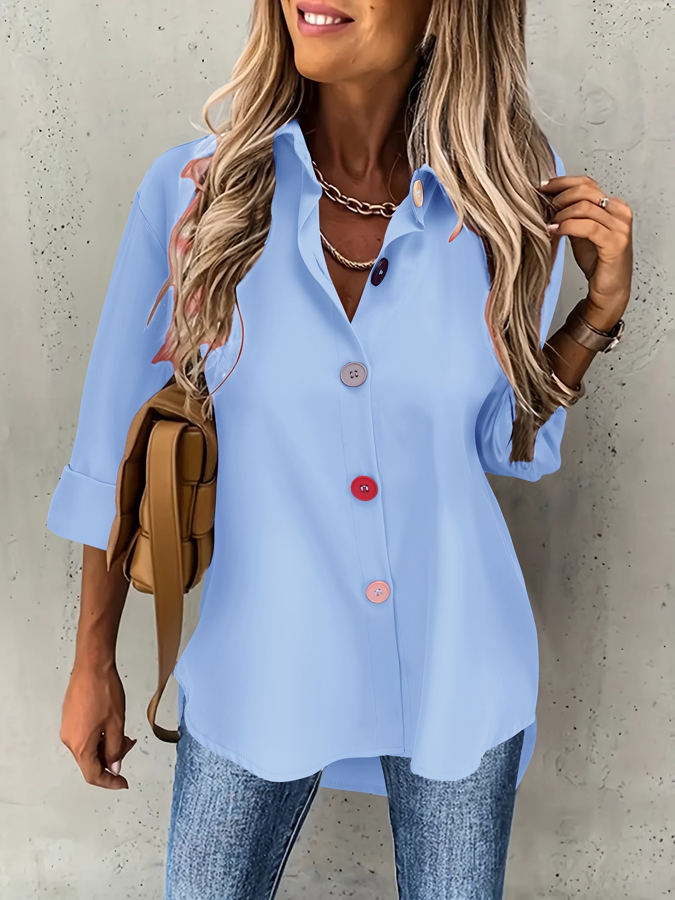 Women's Elegant Button-Front Blouse - Lapel Collar, Machine Washable All-Season Office & Casual Shirt - Green