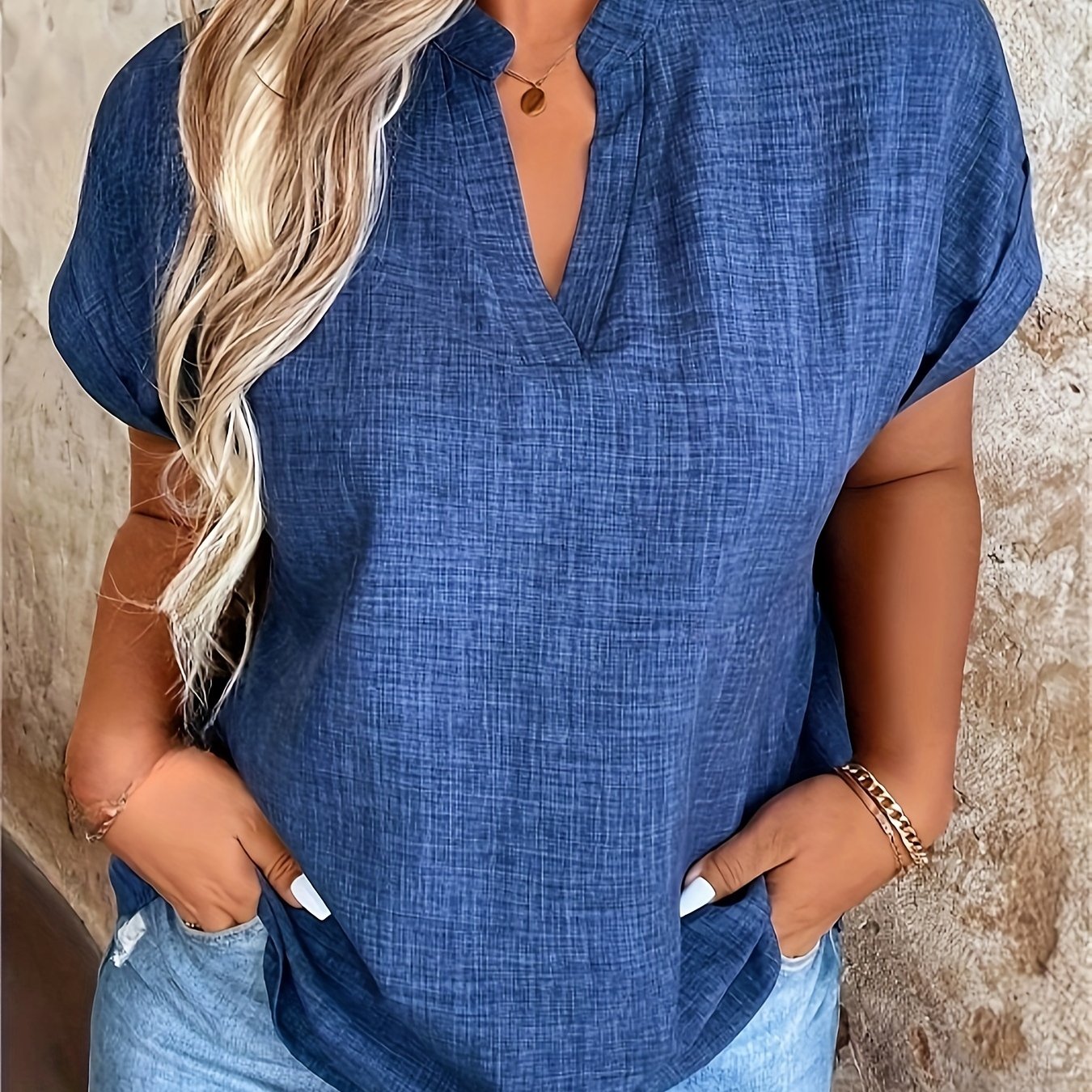 Women's V-Neck Blouse with Stand Collar – Lightweight Yellow Regular Fit Casual Top, 100% Polyester, Machine Washable