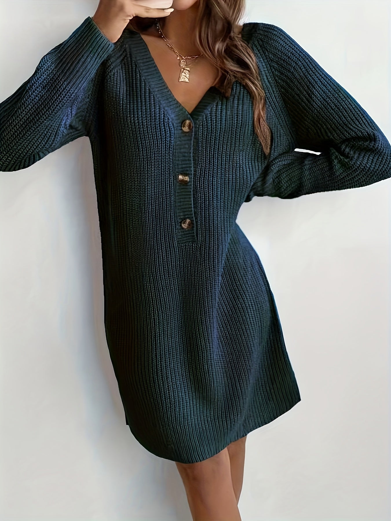 Plus Size Olive V-Neck A-Line Sweater Dress - Short Sleeve Single-Button Closure, Machine Washable Knit for Office & Semi-Formal