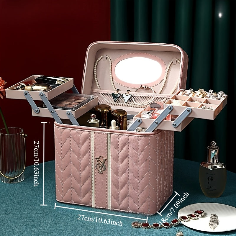 Large Travel Makeup Bag with Mirror & Jewelry Organizer - Embroidered PU Cosmetic Case, Multiple Compartments (Red/Green/White)