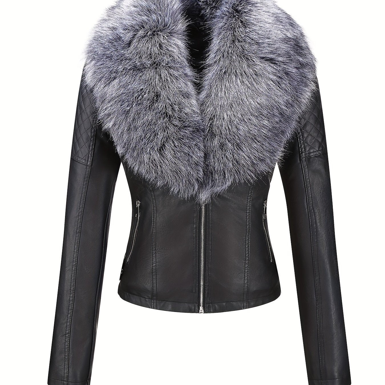 Women's Faux Leather Jacket with Removable Faux Fur Collar, Knit Panels, Zipper Front, Polyester Lined for Fall Winter
