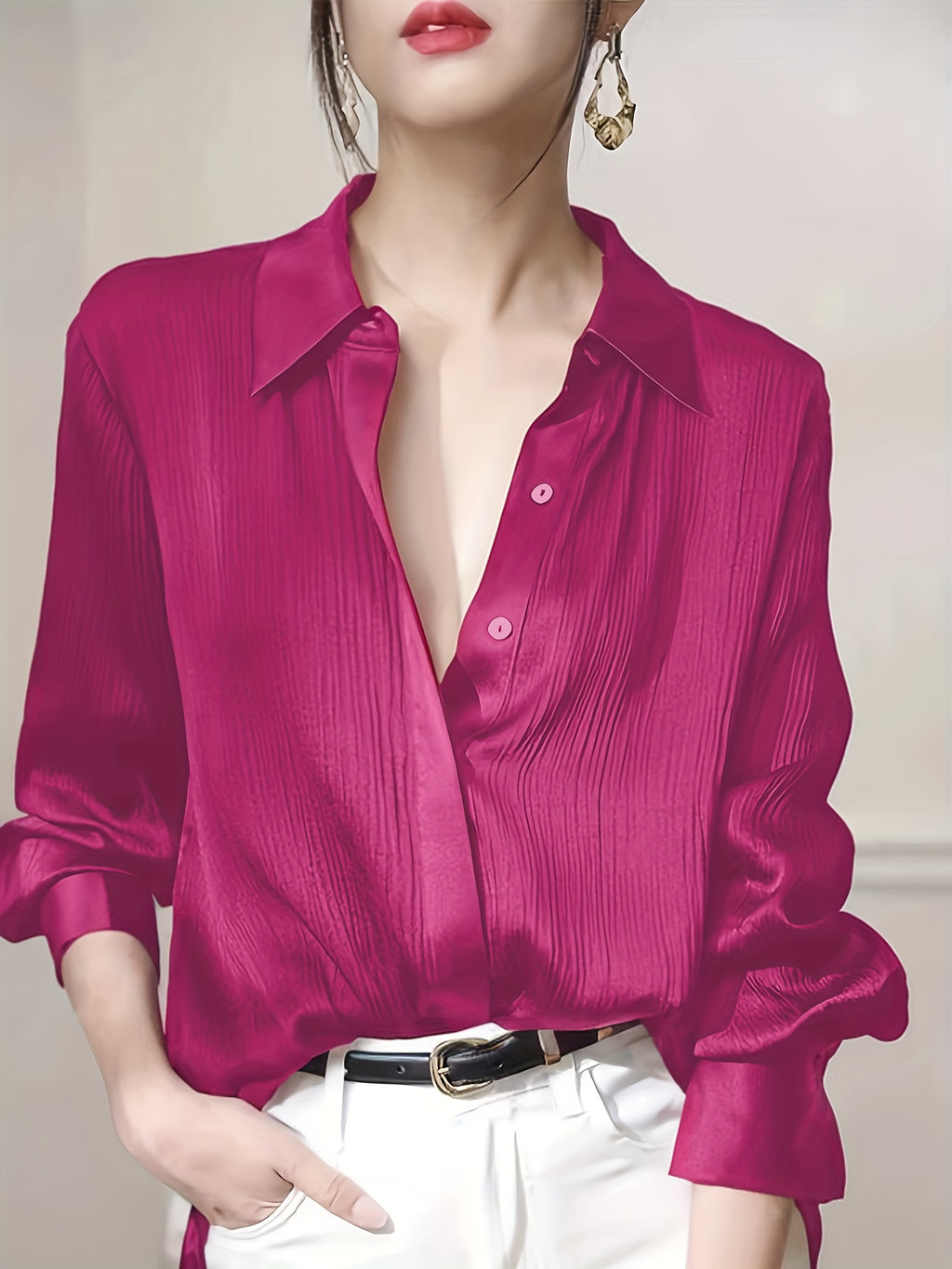 Women's Black Satin-Finish Button-Up Shirt, 100% Polyester Long Sleeve, Regular Fit, Machine Washable