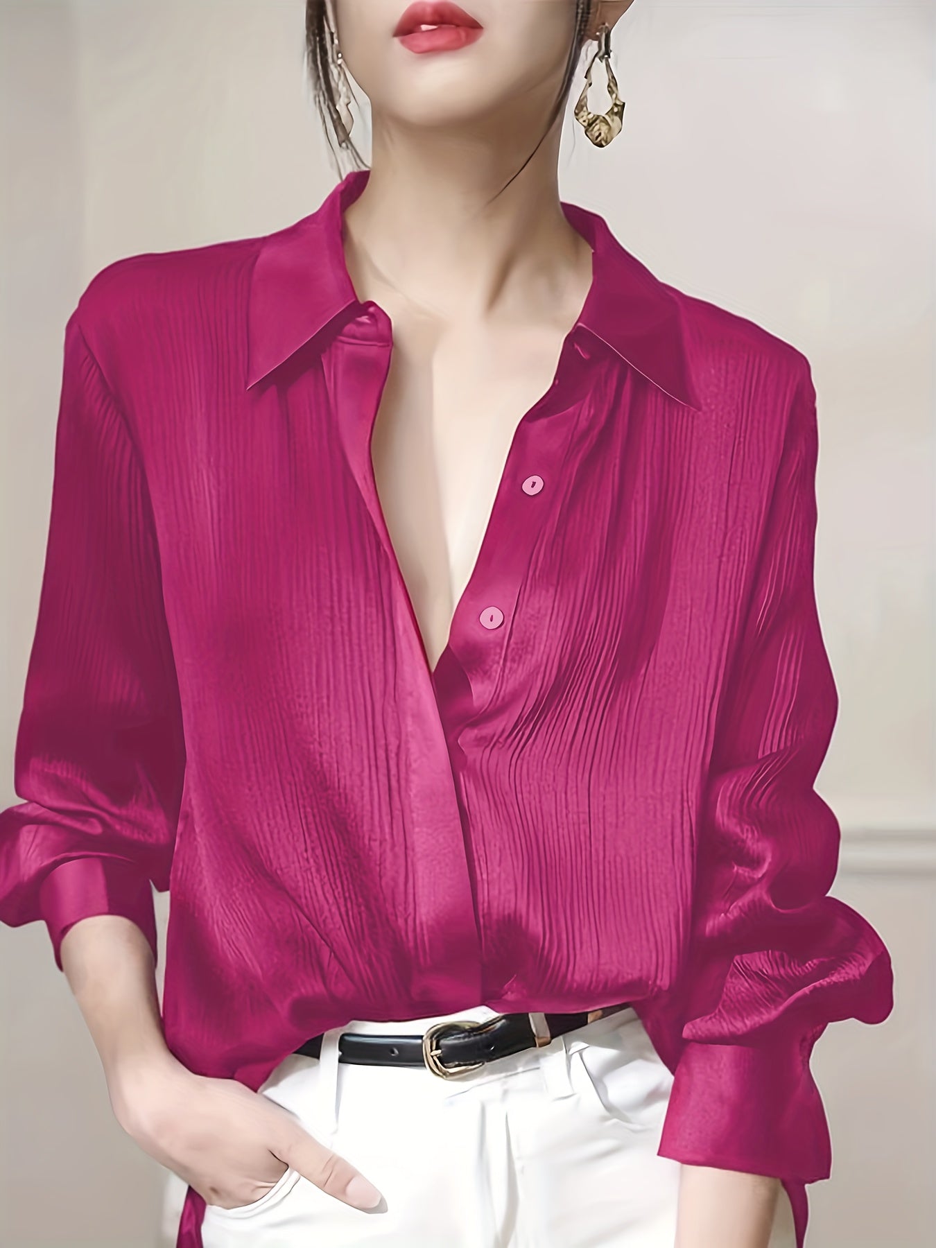 Women's Black Satin-Finish Button-Up Shirt, 100% Polyester Long Sleeve, Regular Fit, Machine Washable