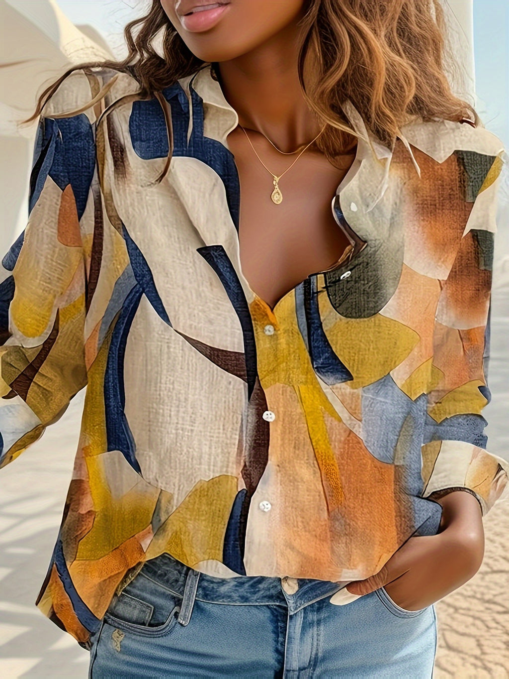 Elegant Women's Single-Breasted Long Sleeve V-Neck Shirt – Geometric Print, All-Season Polyester