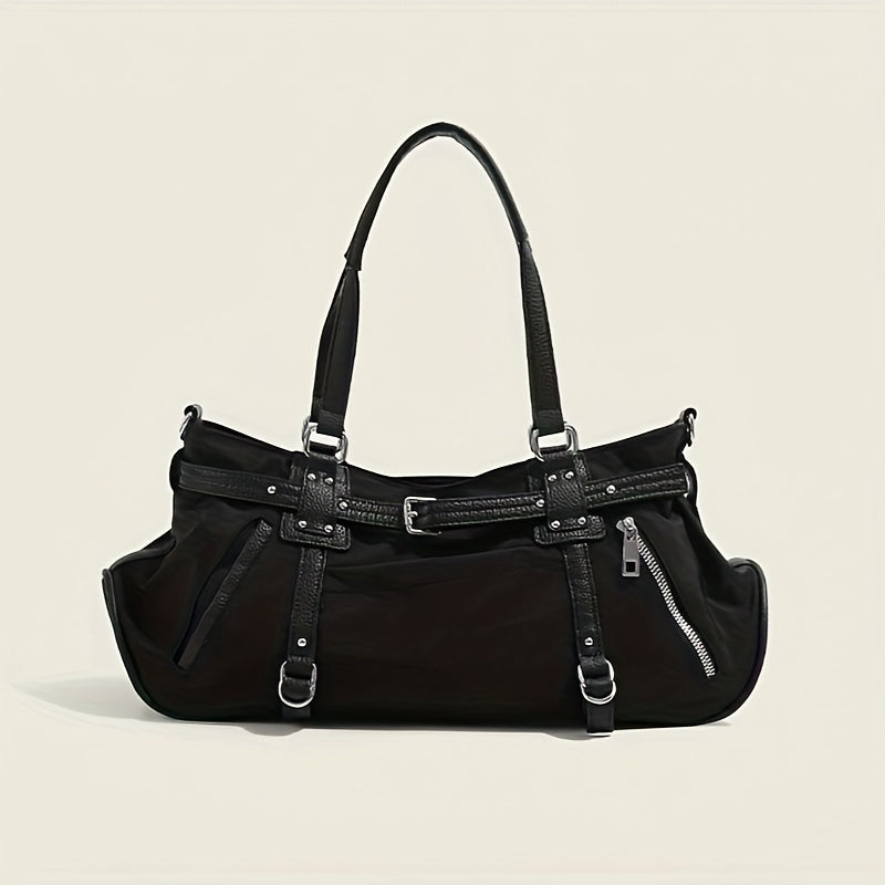 Trendy Underarm Baguette Bag - Black Hippie Shoulder Purse with Removable Strap and Zipper Closure