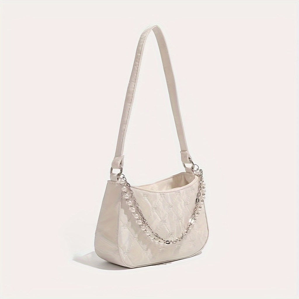 Pink Quilted Butterfly Baguette Bag with Pearl Chain – Detachable Shoulder Crossbody Purse, Diamond Pattern Elegant Women's Handbag