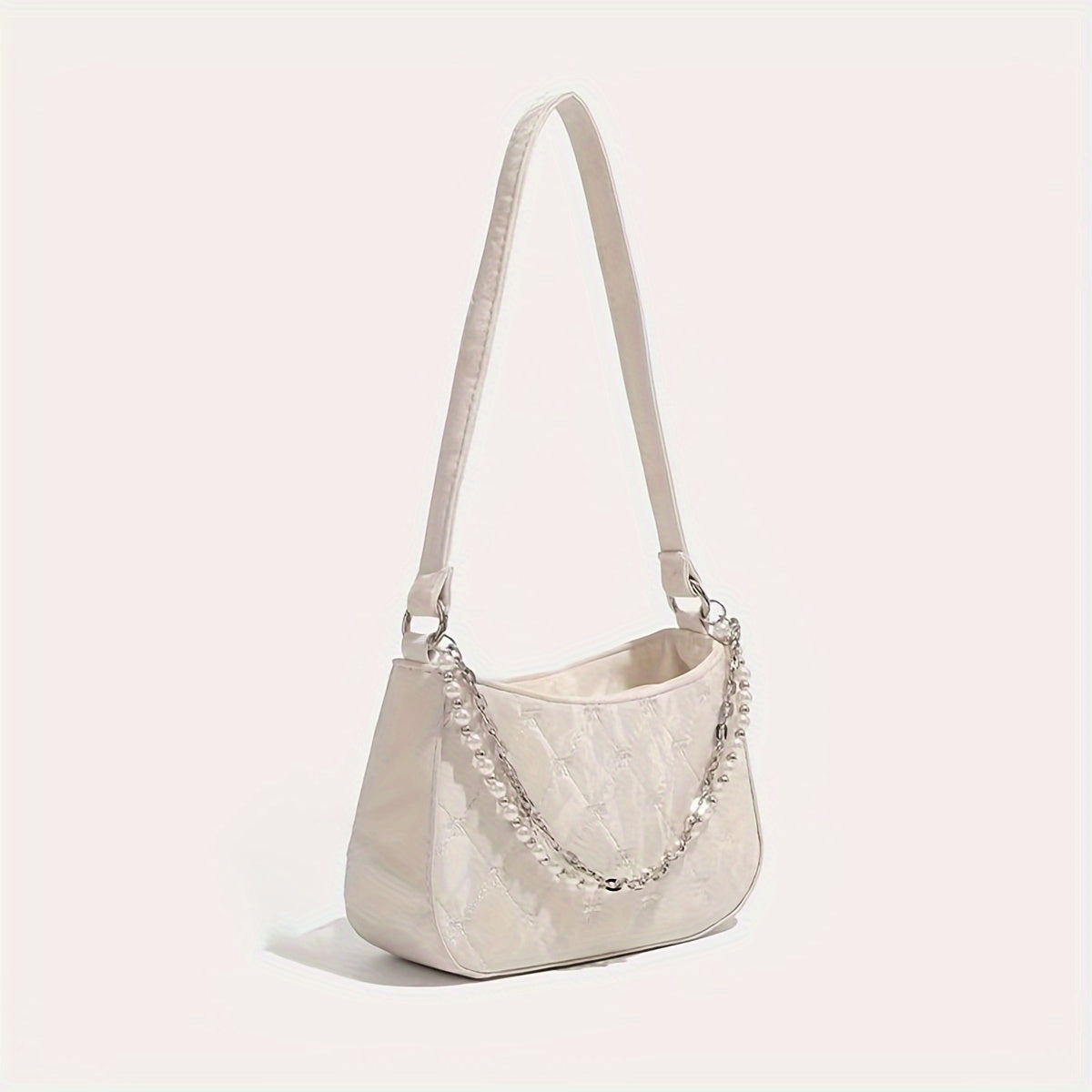 Pink Quilted Butterfly Baguette Bag with Pearl Chain – Detachable Shoulder Crossbody Purse, Diamond Pattern Elegant Women's Handbag