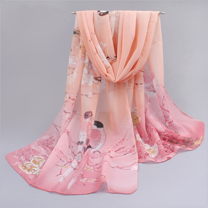 Vintage Magpie Print Long Imitation Silk Chiffon Scarf, Lightweight Shawl Wrap