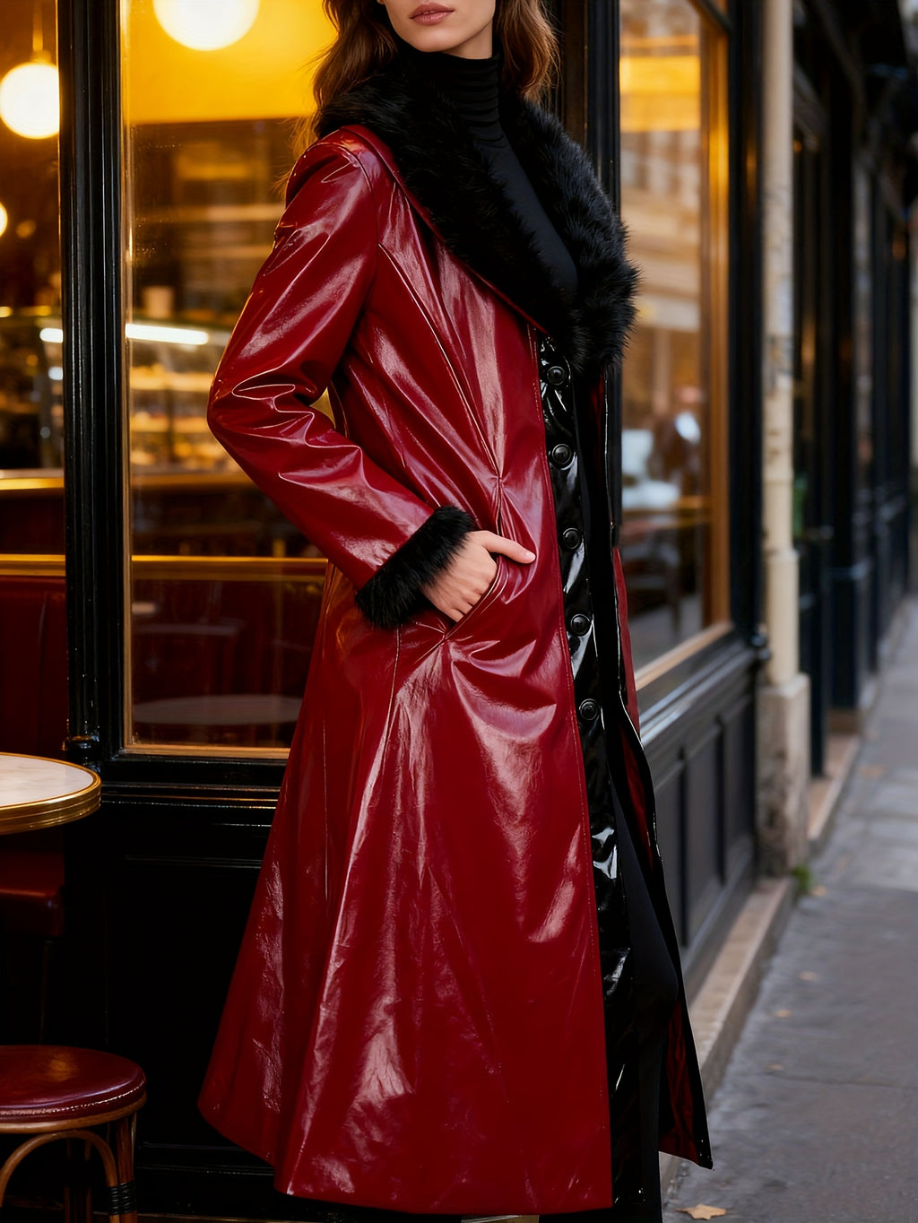 Women's Red PU Leather Long Coat with Black Faux Fur Collar & Cuffs – Regular Fit X-Line Single-Breasted Winter Jacket with Pockets, Vintage Biker Casual