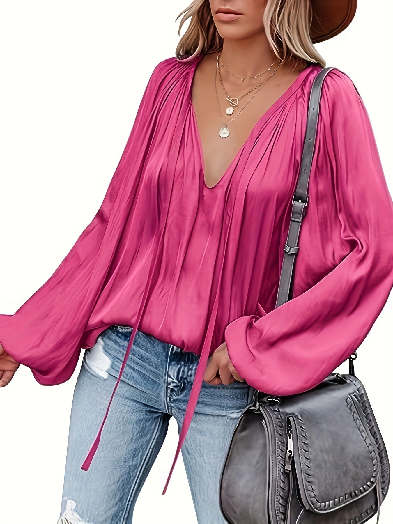 Women's Red V-Neck Long Sleeve Blouse — Elegant Office & Party Top, Machine Washable