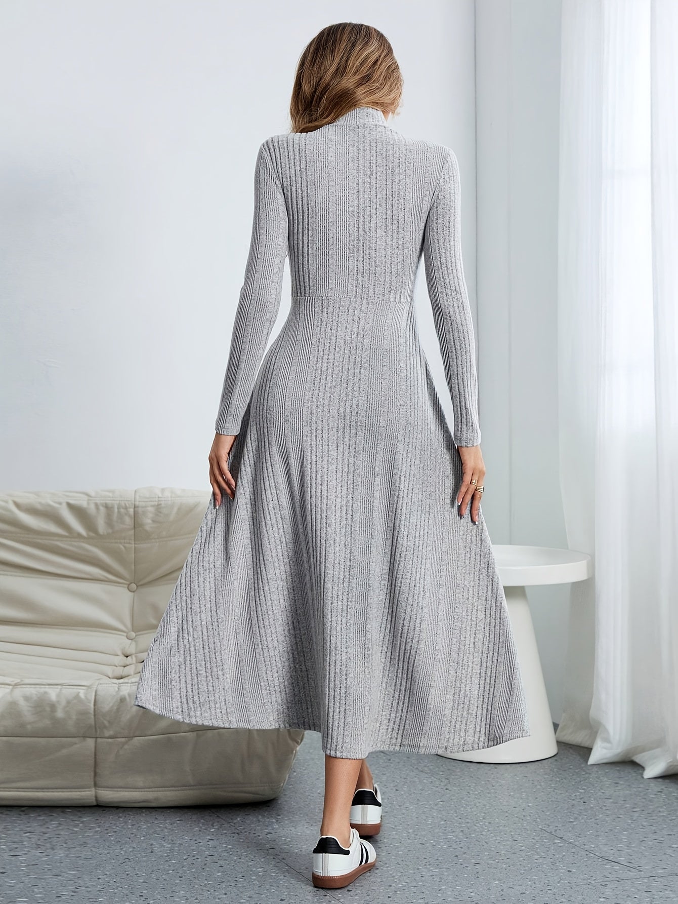 Plus Size Fit & Flare Long Sleeve Dress — Lapel Collar, Button Front Flared Skirt for Office & Fall/Winter