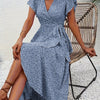 Red Floral V-Neck Midi Dress for Women — Short Sleeve Asymmetrical Hem A-Line Lightweight Polyester
