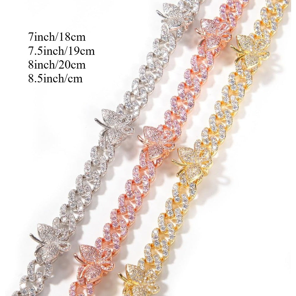 925 Sterling Silver Cuban Link Bracelet 18K Gold Plated with Butterfly Pendants & Lab Moissanite Accents – Elegant Gift for Valentine’s Day & Parties