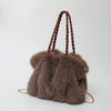 Plush Faux Fur Fox Bucket Bag – Beige Winter Shoulder Handbag with Gold-Tone Hardware, Luxury Gift
