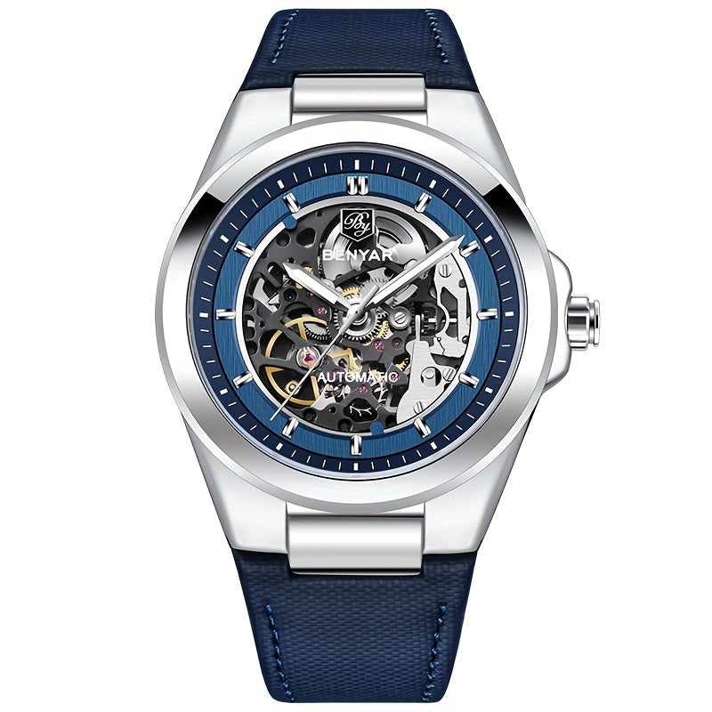 BY BENYAR Automatic Mechanical Unisex Watch – Luminous Round Dial, Blue & Gold Accents, PU Faux Leather Strap