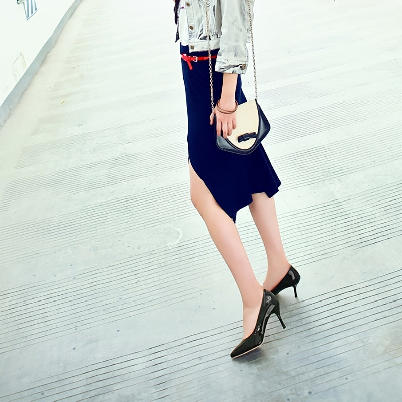 Women's Black Pointed-Toe Stiletto Pumps, Slip-On Soft-Sole Office Heels