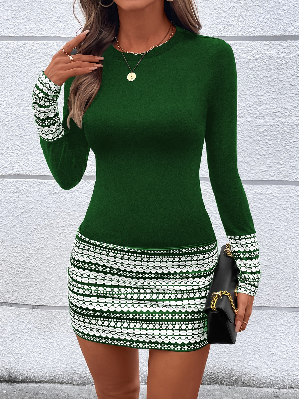 Women's Geometric Bodycon Dress, Long Sleeve Crew Neck, Polyester Knit, All-Season, Plus Size