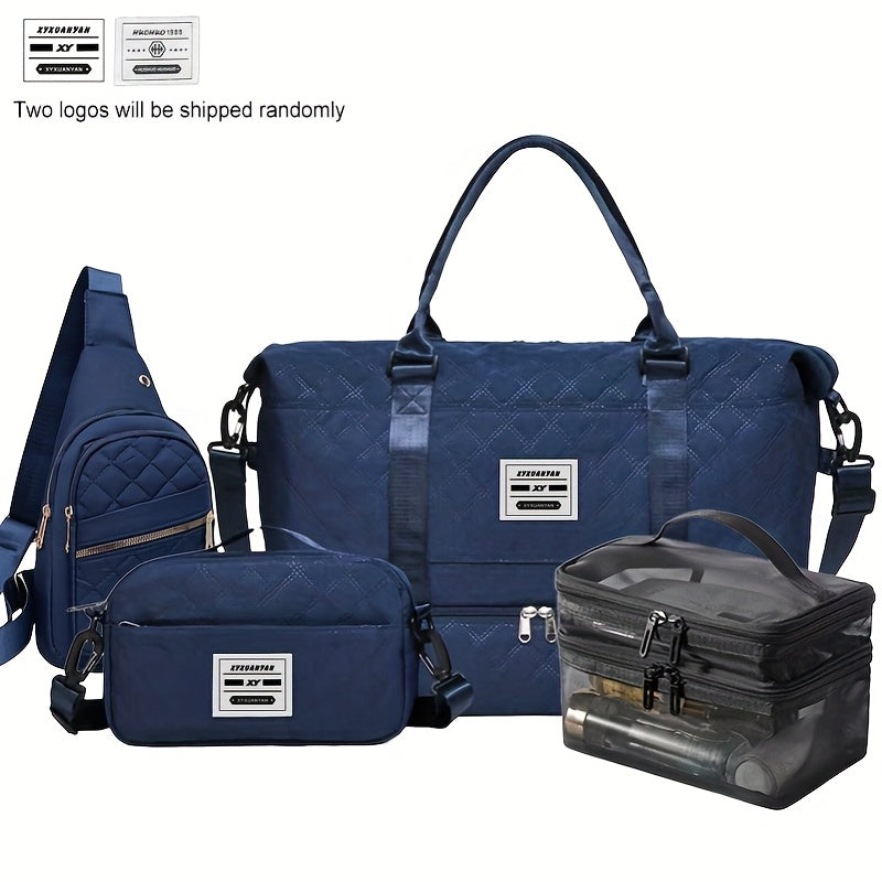 4-in-1 Travel Tote Bag Set – Large Capacity Travel & Gym Tote with Chest Bag, Makeup Pouch & Waist Pack – White, Black, Pink