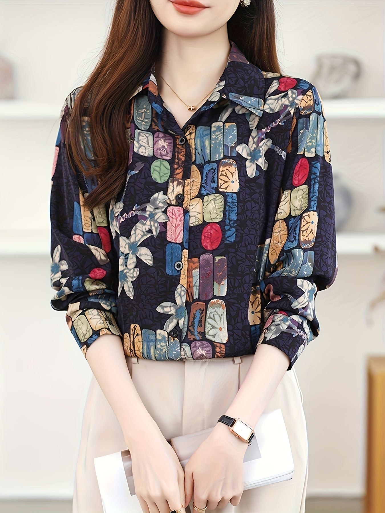 Floral Lapel Collar Shirt for Women — Flattering Slimming Long-Sleeve Button Blouse, Machine Washable for Spring & Fall