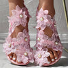 Women's Floral Flat Sandals Faux Pearl Toe Loop Slip-On Beach & Casual Travel Shoes