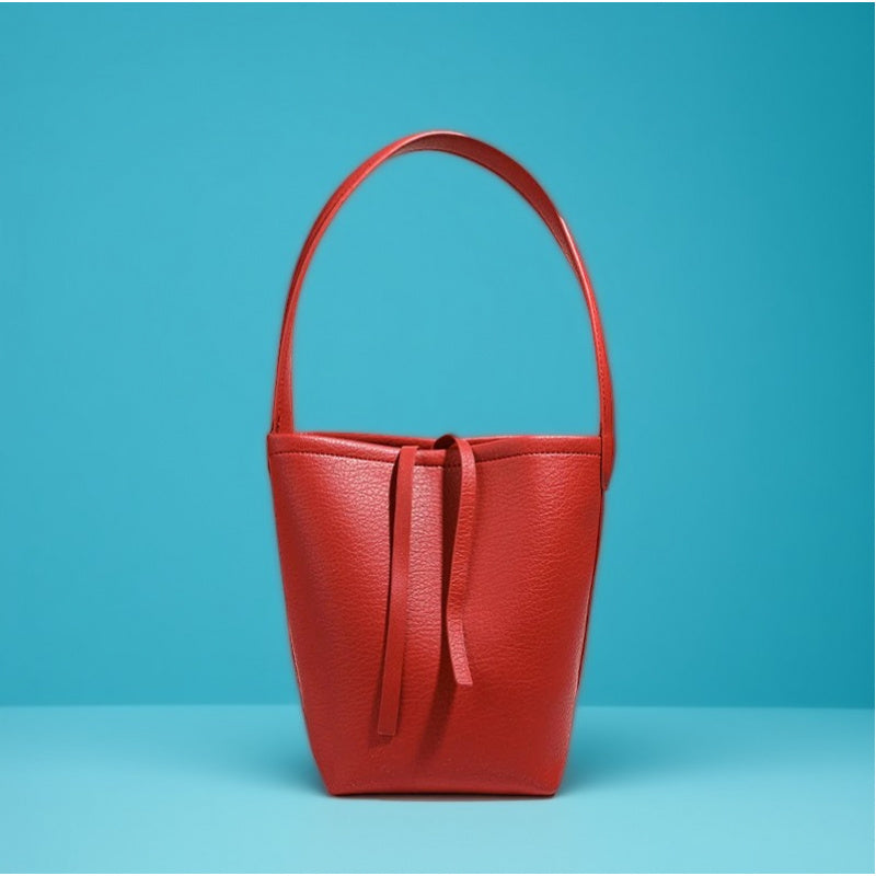 Women's Large Capacity Korean-Inspired Drawstring Bucket Tote - Minimalist Round PU Crossbody Shoulder Purse with Adjustable Strap, Black Grey Coffee Brown White Red