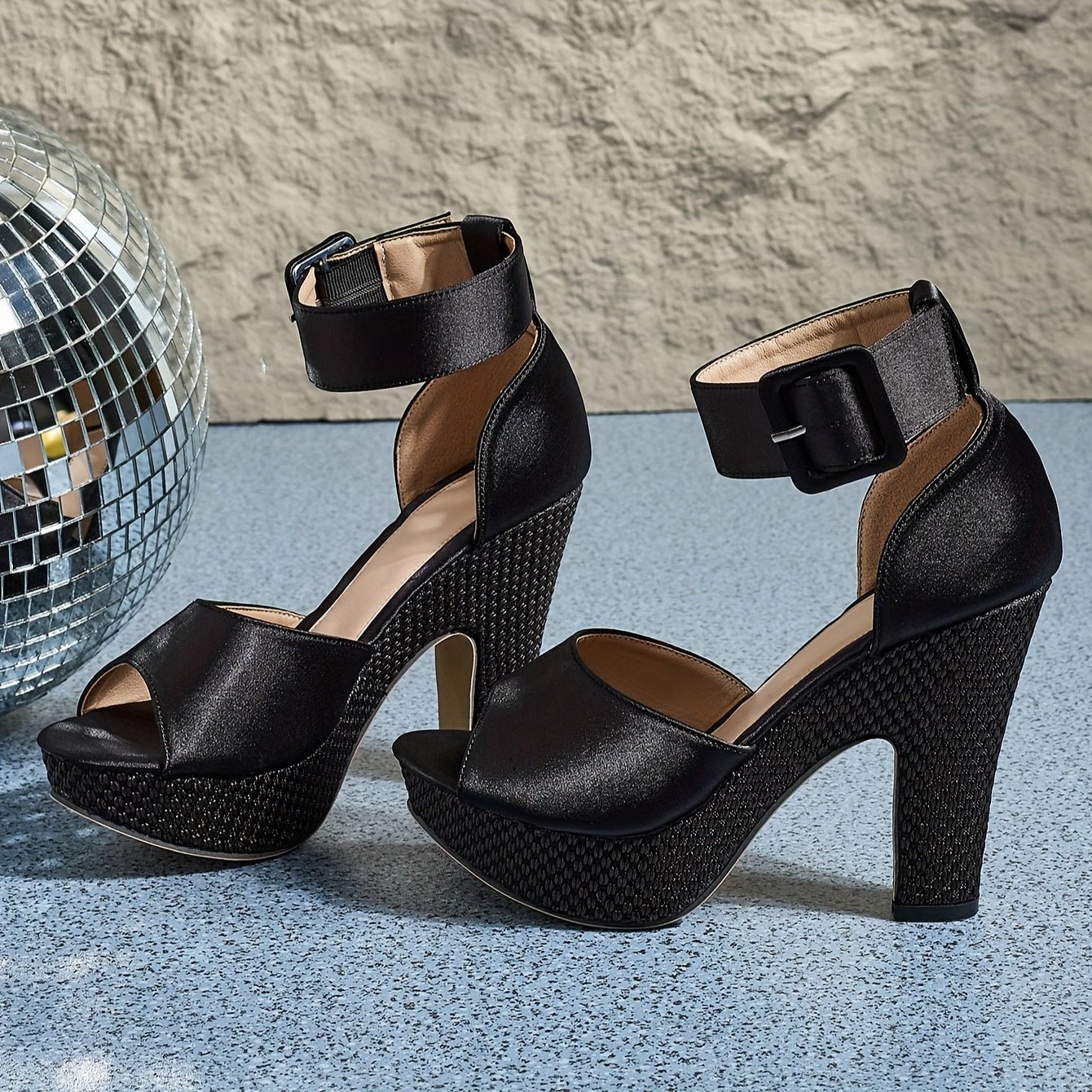 Women's Satin Peep-Toe Platform Chunky High Heels with Buckle Ankle Strap, Comfortable Travel & Shopping Pumps