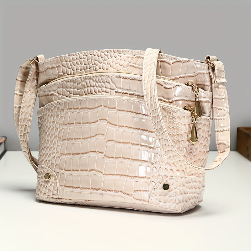 Crocodile Pattern PU Women's Shoulder & Crossbody Bag - Multi-Layer Large Capacity Bucket Bag