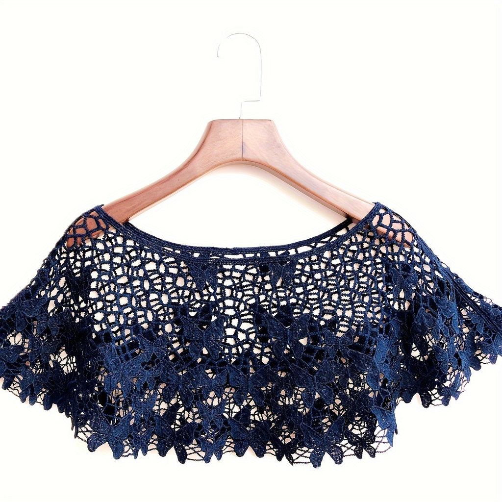 Hollow-Out Lace Pullover Shawl Cape – Lightweight Monochrome Summer Knit Poncho