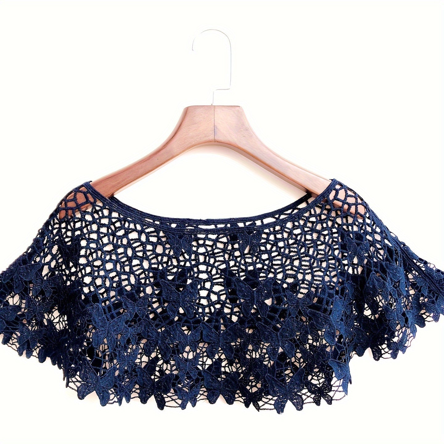 Hollow-Out Lace Pullover Shawl Cape – Lightweight Monochrome Summer Knit Poncho