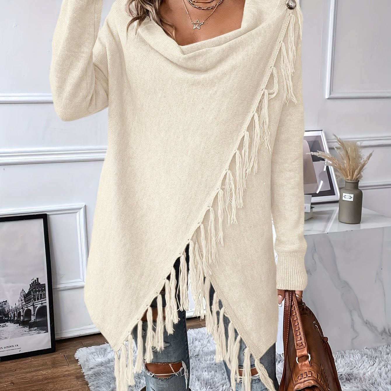 Women's Fringe Tassel Draped Neckline Shawl Wrap - Knit Polyester Fall/Winter