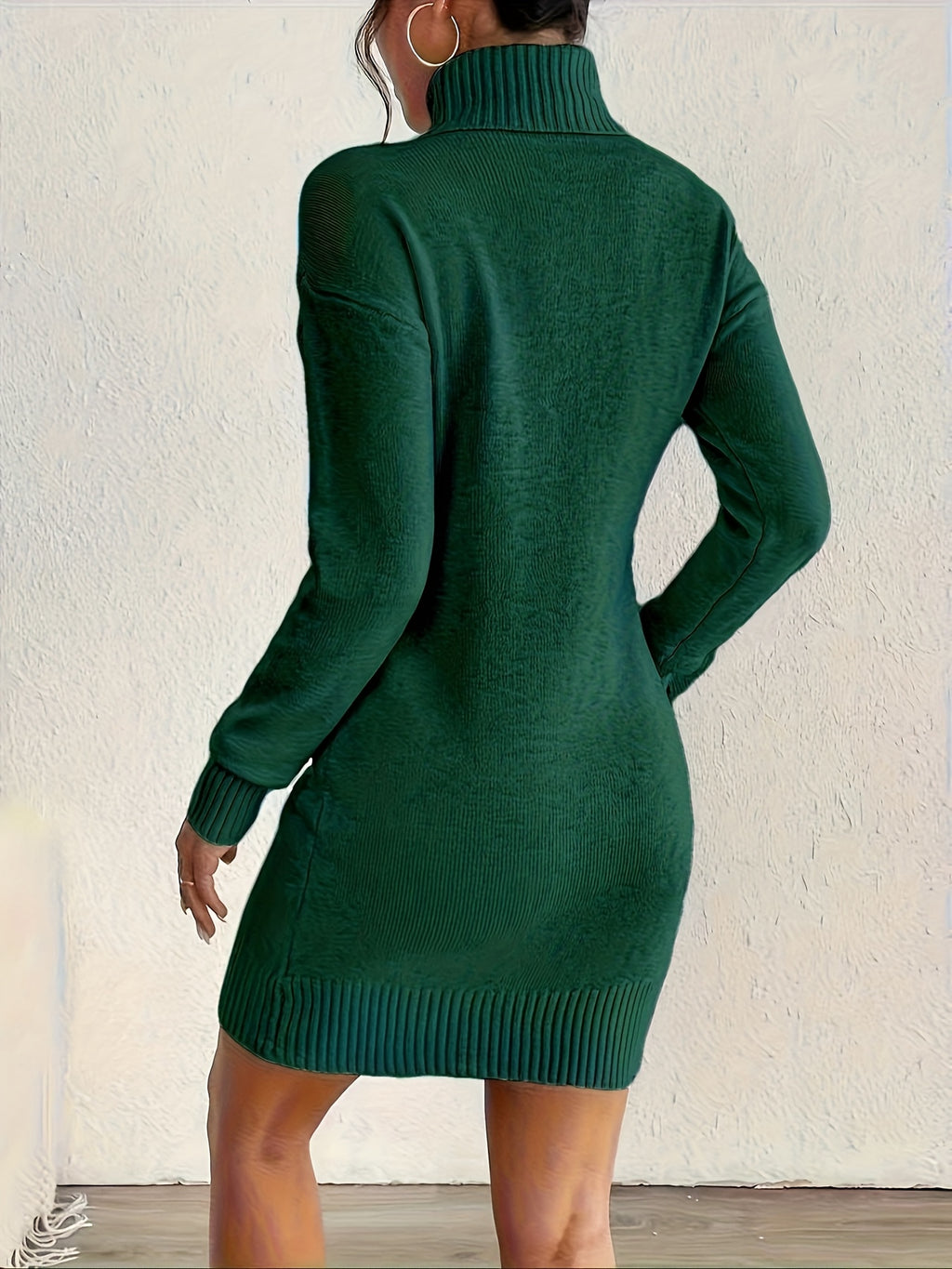 Women's High-Neck Knit Sweater Dress - Elegant Solid Fall/Winter