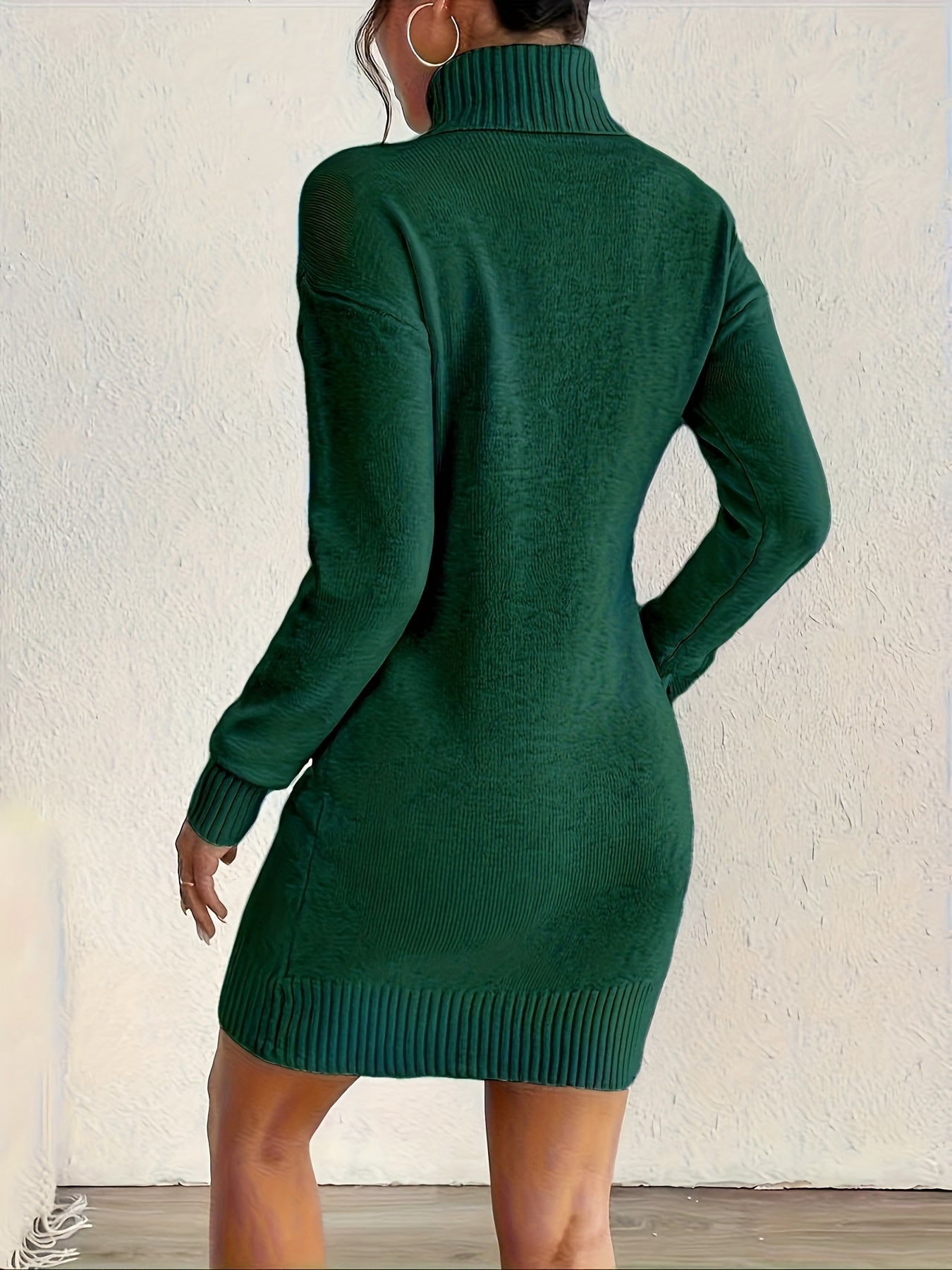 Women's High-Neck Knit Sweater Dress - Elegant Solid Fall/Winter