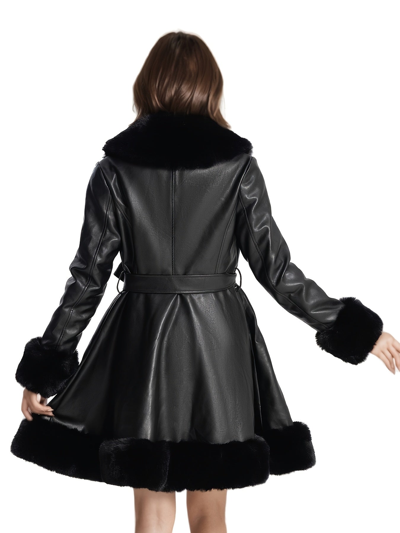 Women's Midi Faux Fur-Lined Faux Leather Belted Coat, Elegant Winter Long Sleeve Jacket