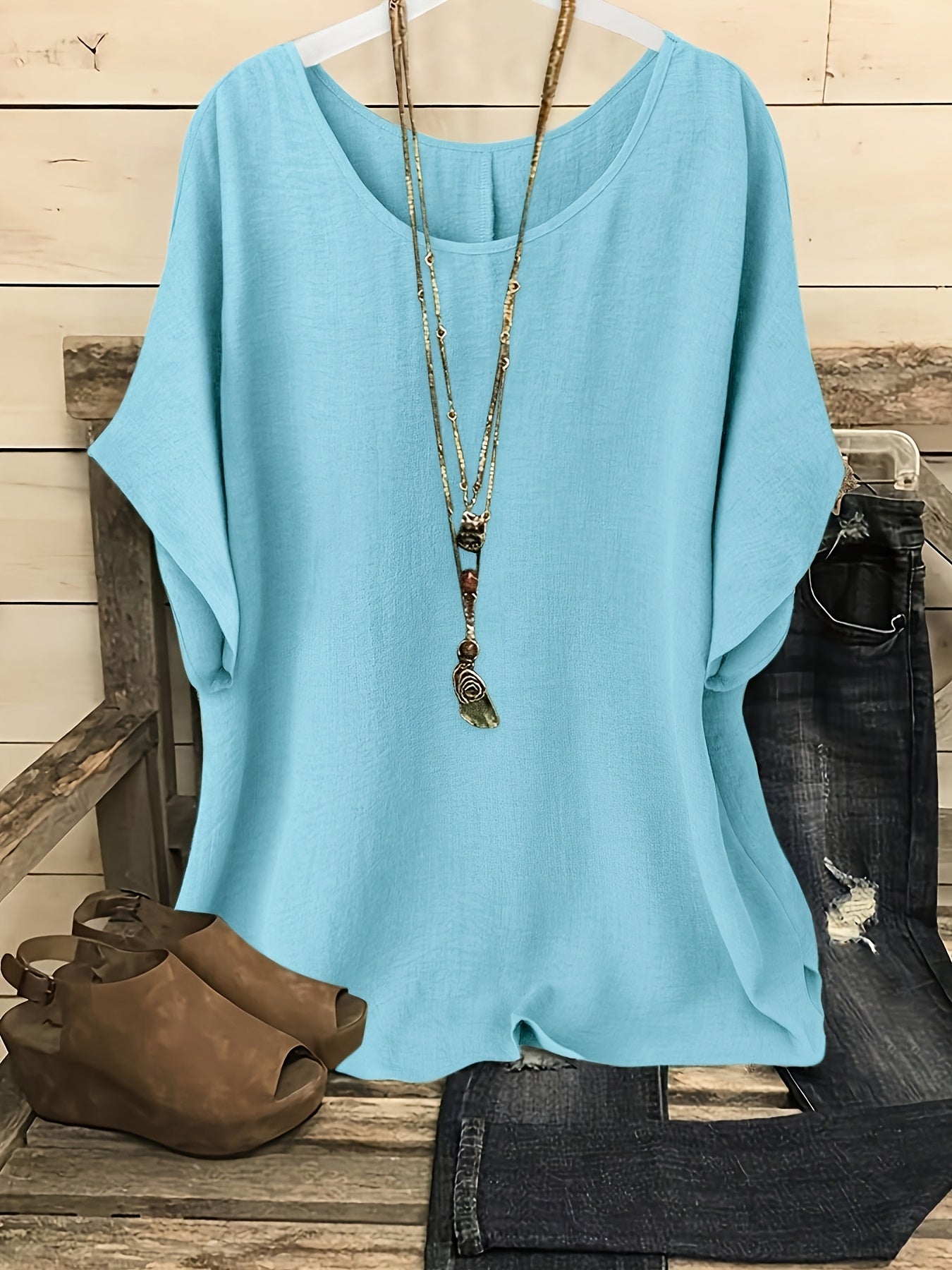 Women's Casual Summer Blouse – Crew Neck Short Sleeve Loose Fit Beach & Vacation Top