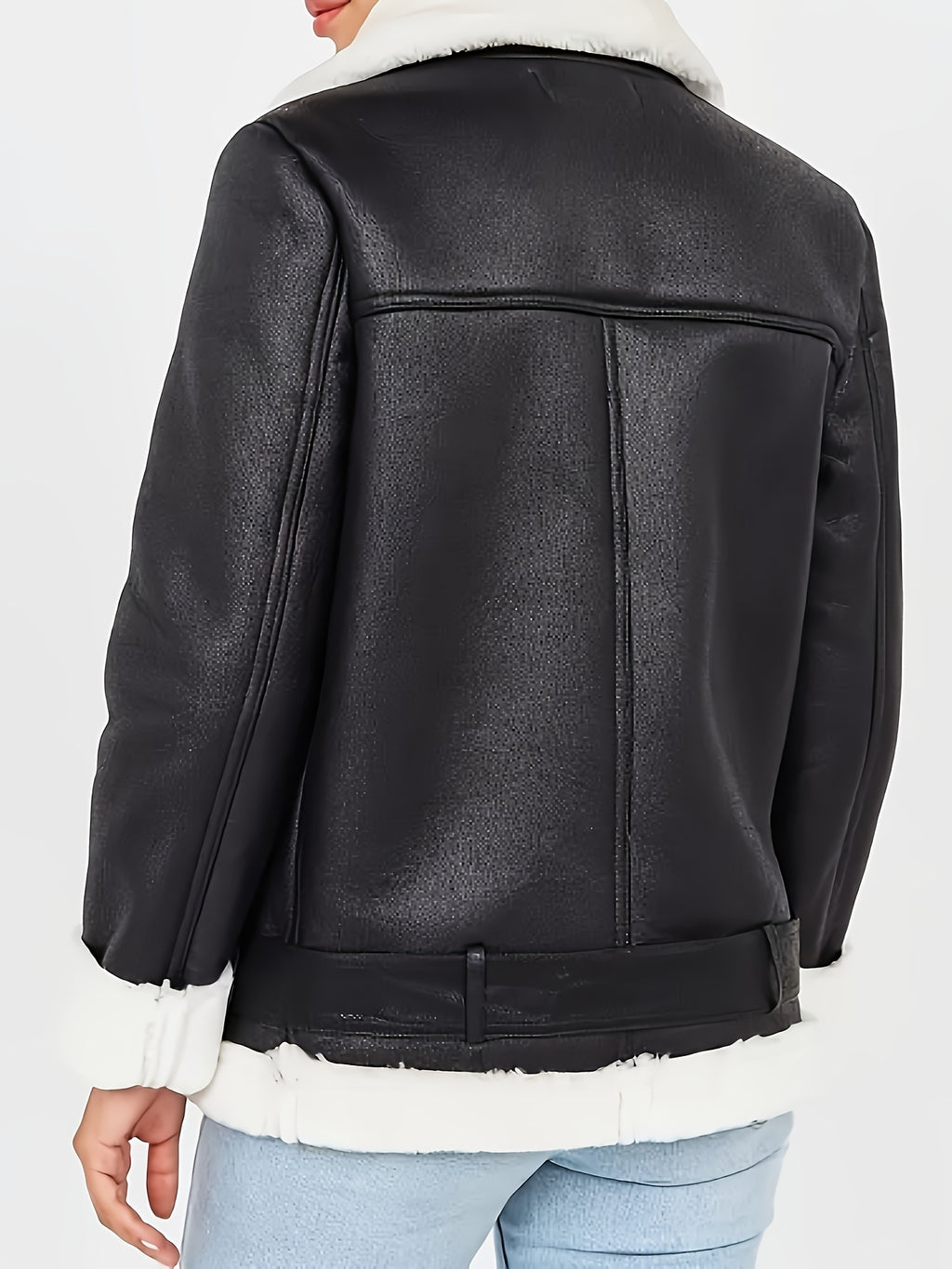 Women's Brown Faux Fur Motorcycle Jacket – Belted Zipper Jacket with Goldtone Hardware & Side Pockets