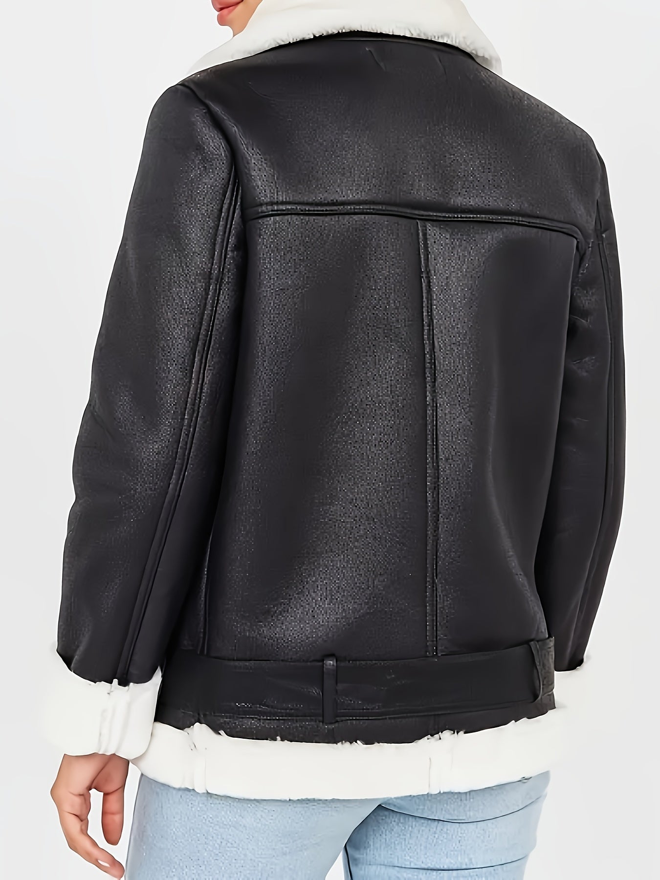 Women's Brown Faux Fur Motorcycle Jacket – Belted Zipper Jacket with Goldtone Hardware & Side Pockets