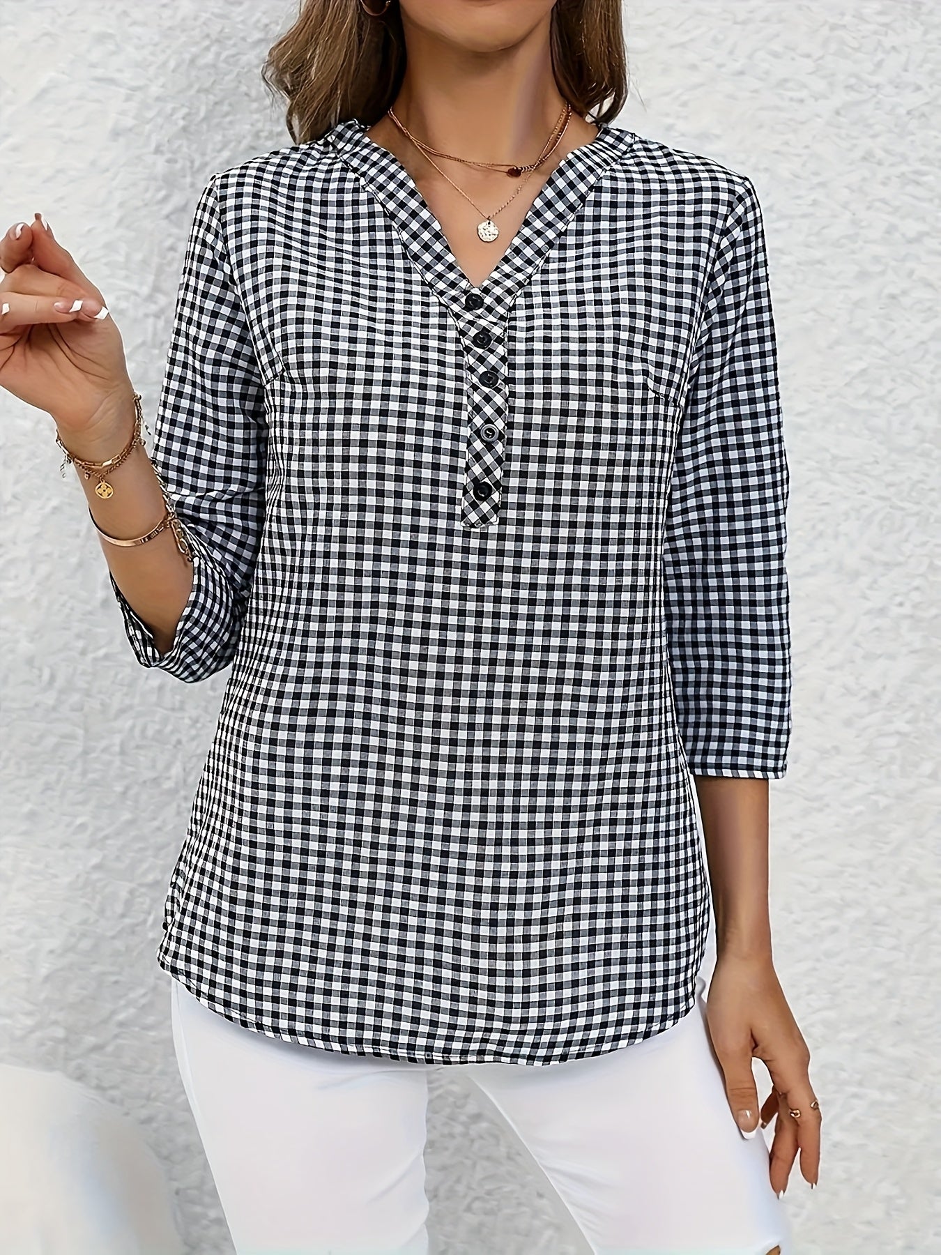 Women's Polyester V-Neck Plaid Blouse with Button Detail and Roll-Up Sleeves, Casual Spring Summer Fall Top
