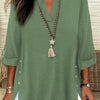 Plus Size Faux Denim Blouse with Decorative Buttons & Tassel Knot Front High-Low Hem Spring/Summer Polyester Blend