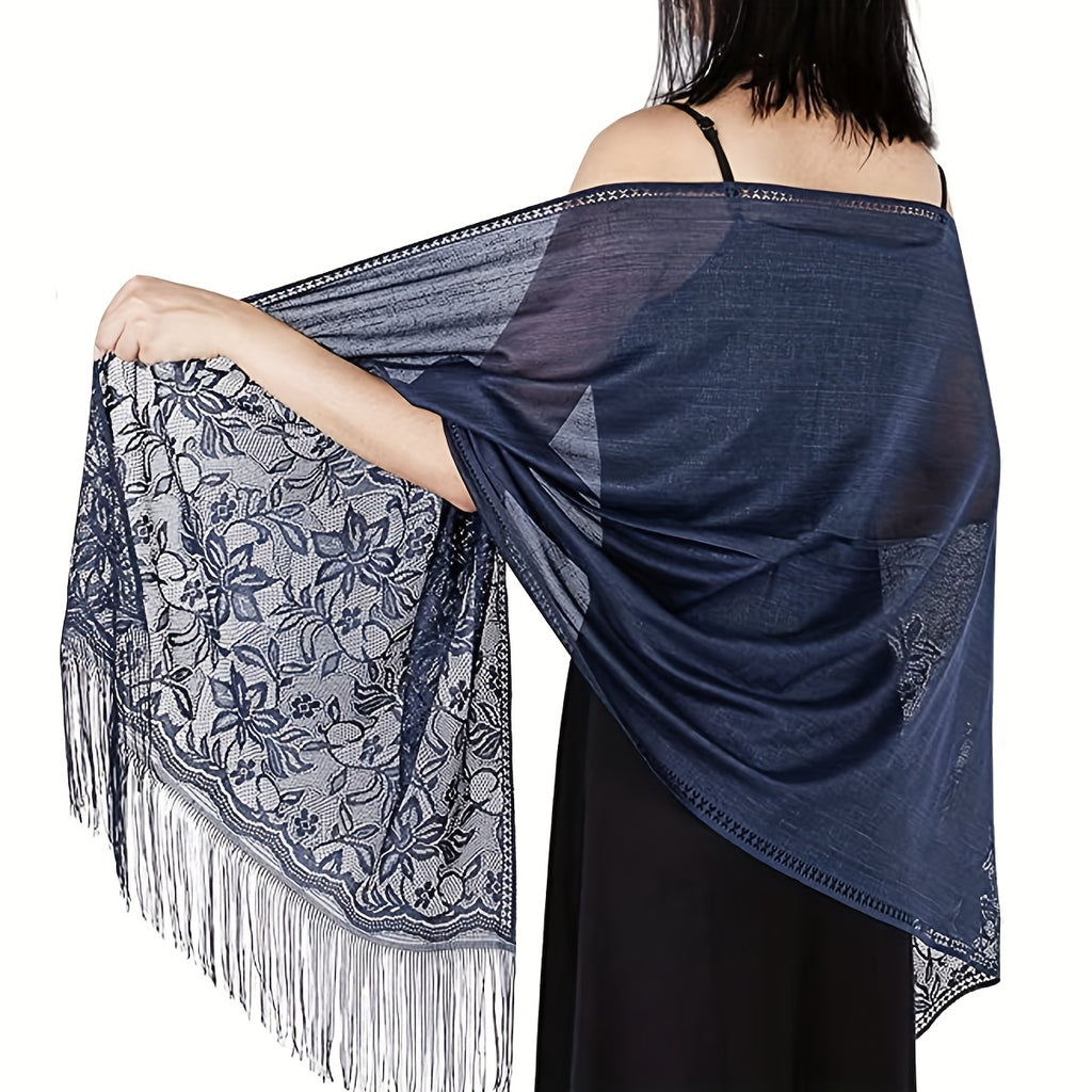 Lace Bridal Shawl – Embroidered Wedding Scarf with Tassels, Windproof Head Wrap & Church Veil