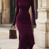 Women's High Neck Fitted Knit Dress - Long Sleeve Over-the-Knee Fall/Winter (95% Polyester 5% Spandex)