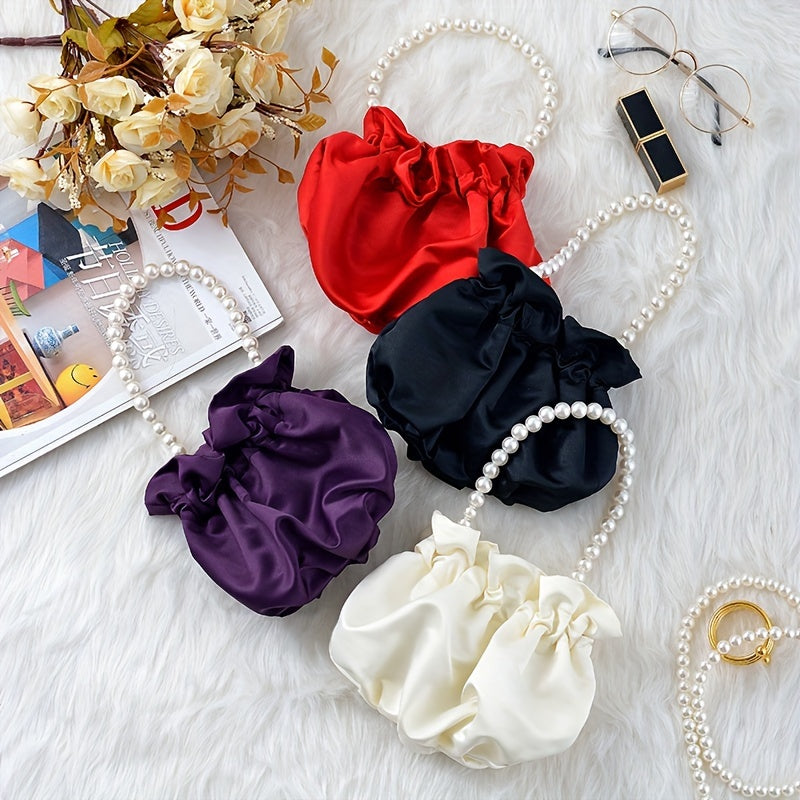 Mini Drawstring Bucket Bag with Pearl Decor – Women's Elegant Banquet Wristlet Handbag