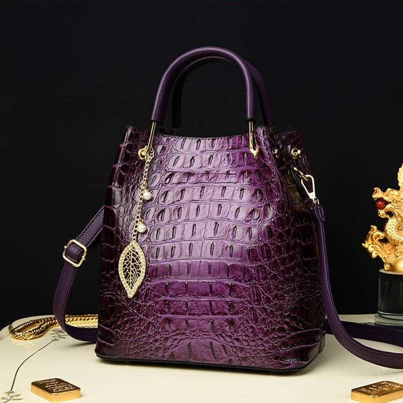 Women's Minimalist Crocodile PU Bucket Bag – Zipper Closure, Removable Strap Hand & Shoulder Bag (White, Red)