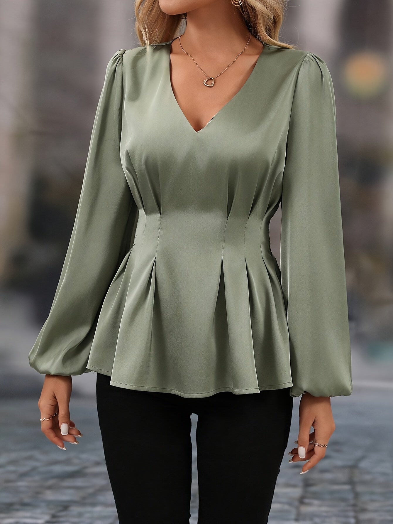 Women's Elegant V-Neck Long Sleeve Blouse – All-Season Office & Formal Shirt