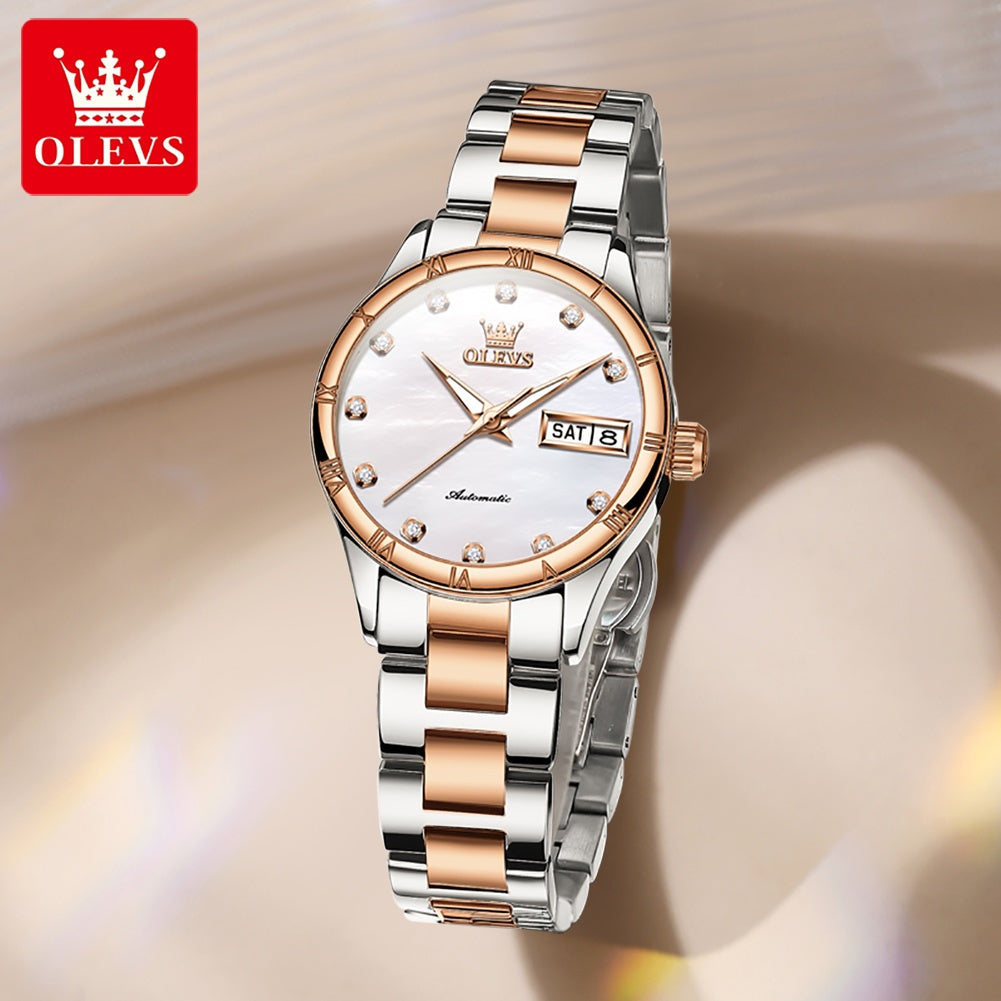 OLEVS Women's Stainless Steel Automatic Mechanical Watch - Vintage Analog Bracelet with Luminous Hands