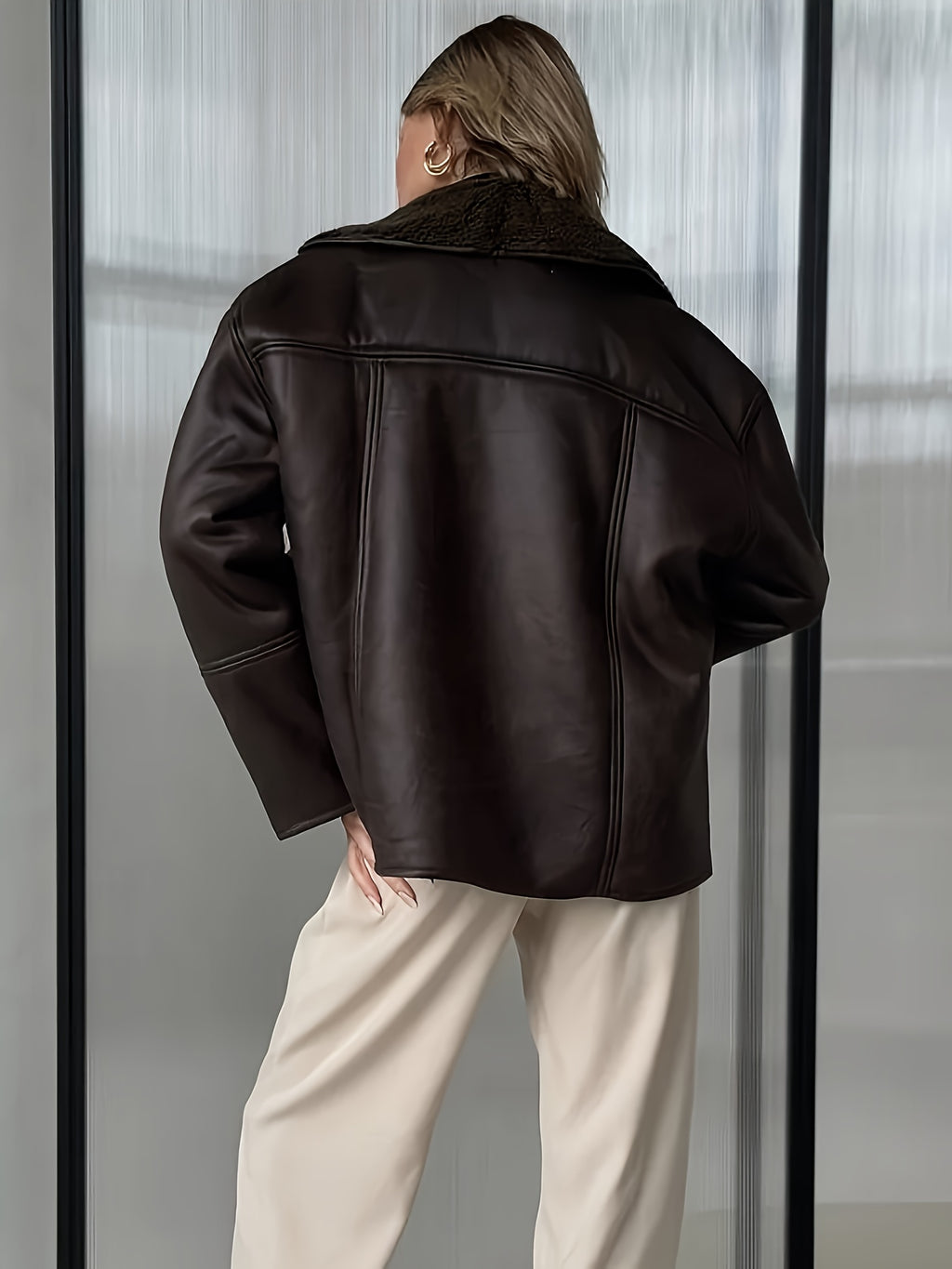 Women’s Cream Faux Fur-Lined PU Leather Jacket — Thick Winter Coat with Turtleneck, Asymmetrical Hem & Side Pockets