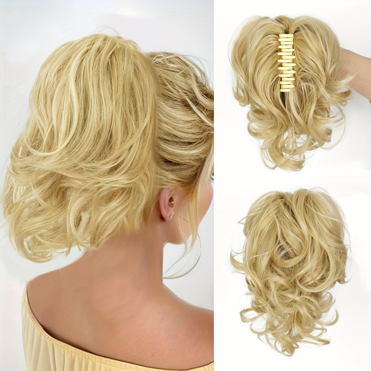 Wavy Short Clip-In Ponytail for Women - Voluminous Clip-In Bun with Adjustable Wires, Heat-Resistant Fiber