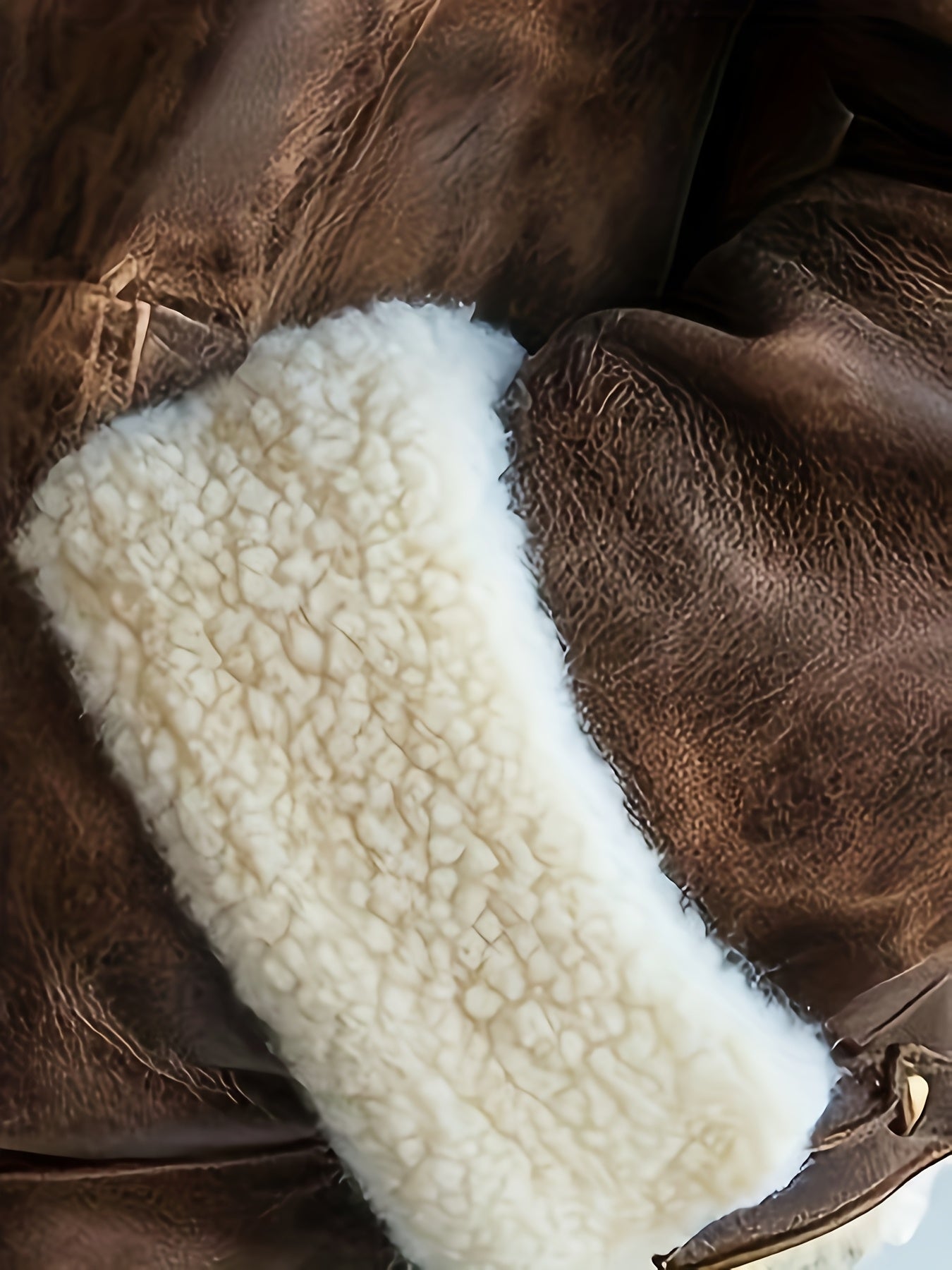 Women's Faux Leather Jacket with Fluffy Collar, Long Zip-Up Coat with Pockets — Brown All-Season Casual Chic